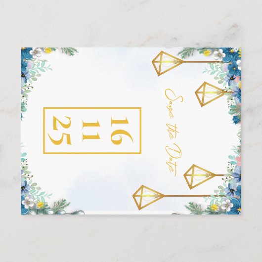 Carte Postale Faire-part Mariage tendance bleu jaune floral avec lanternes (Dos)