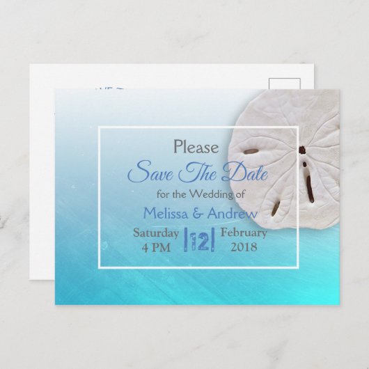 Carte Postale Faire-part Mariage Thème Dollar de Sable Bleu Aqua Enregistre (Devant / Derrière)