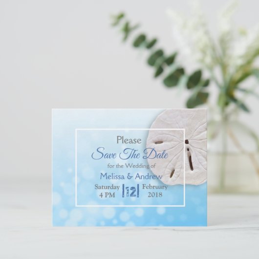 Carte Postale Faire-part Mariage Thème Dollar de Sable Bleu Enregistrer la  (Debout devant)