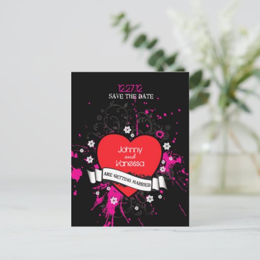 Carte Postale Faire-part Mariage Thème Musique Grungy Heart Noir & Rose (Debout devant)