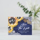 Carte Postale Faire-part Mariage Tournesol Bleu Marine Enregistrez La Date (Debout devant)