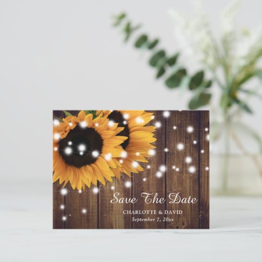 Carte Postale Faire-part Mariage Tournesol Rustique En Bois Enregistrer La  (Debout devant)