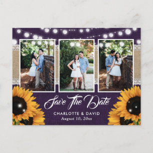 Carte Postale Faire-part Mariage Tournesol Violet 3 Photo Enregistrer La Da