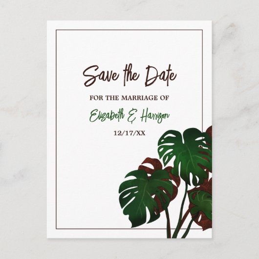 Carte Postale Faire-part Mariage Tropical Monstera Beach Enregistrer la dat (Devant)