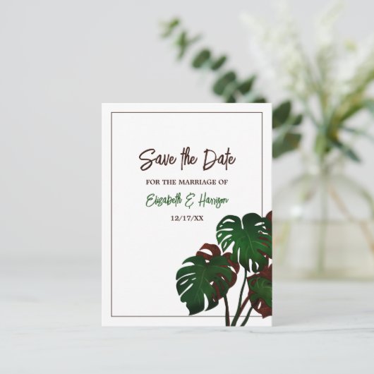 Carte Postale Faire-part Mariage Tropical Monstera Beach Enregistrer la dat (Debout devant)