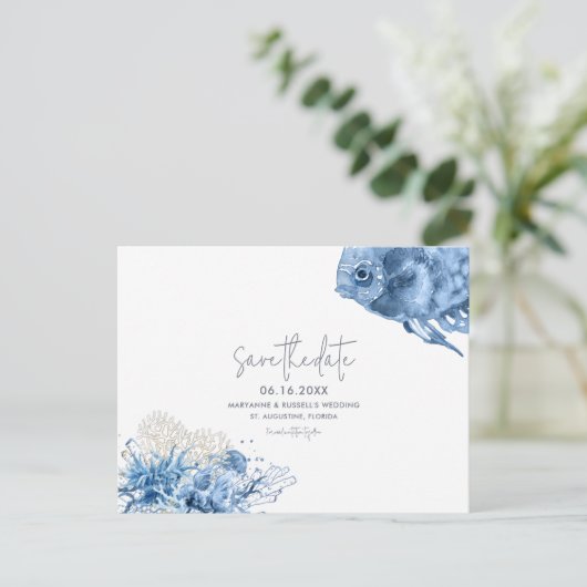 Carte Postale Faire-part Mariage Tropical sur la Plage Enregistrer la Date (Debout devant)