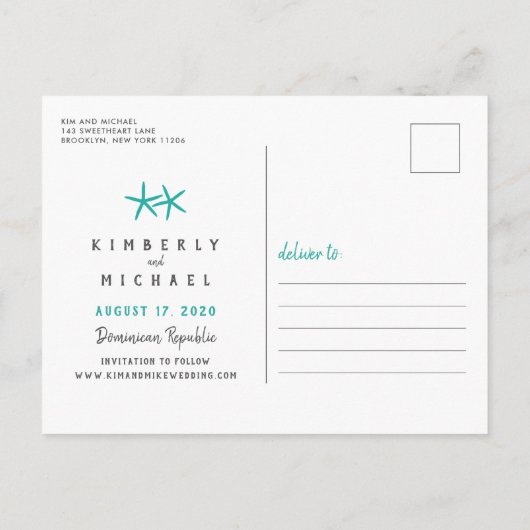 Carte Postale Faire-part Mariage Tropical sur la Plage, Épargnez la Date (Dos)