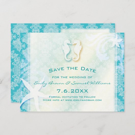 Carte Postale Faire-part Mariage turquoise à cheval Turquoise Enregistrer l (Devant / Derrière)