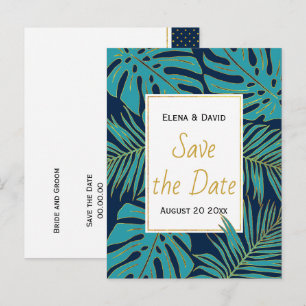 Carte Postale Faire-part Mariage turquoise, marine tropicale feuille Enregi