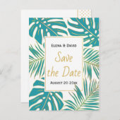 Carte Postale Faire-part Mariage turquoise, or tropical feuille Enregistrer (Devant / Derrière)