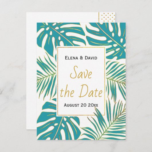 Carte Postale Faire-part Mariage turquoise, or tropical feuille Enregistrer (Devant / Derrière)