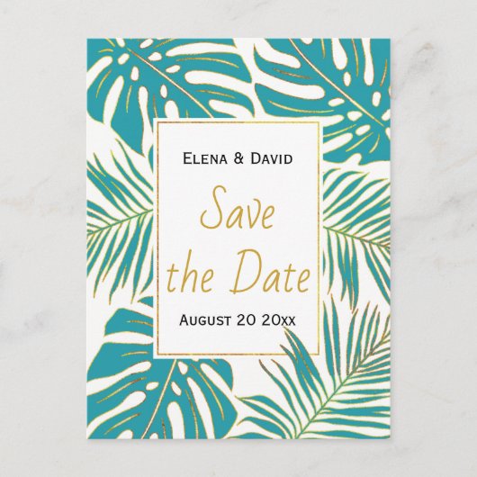 Carte Postale Faire-part Mariage turquoise, or tropical feuille Enregistrer (Devant)
