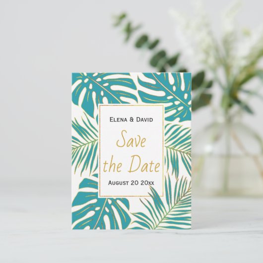 Carte Postale Faire-part Mariage turquoise, or tropical feuille Enregistrer (Debout devant)