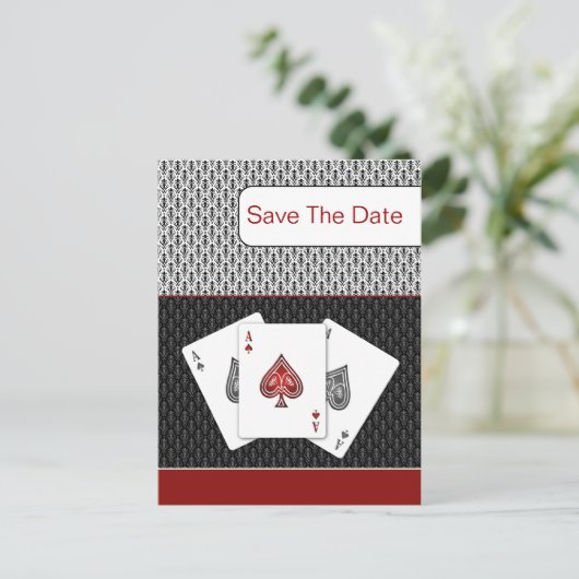 Carte Postale Faire-part mariage vegas 3 as rouge enregistrer la date (Debout devant)