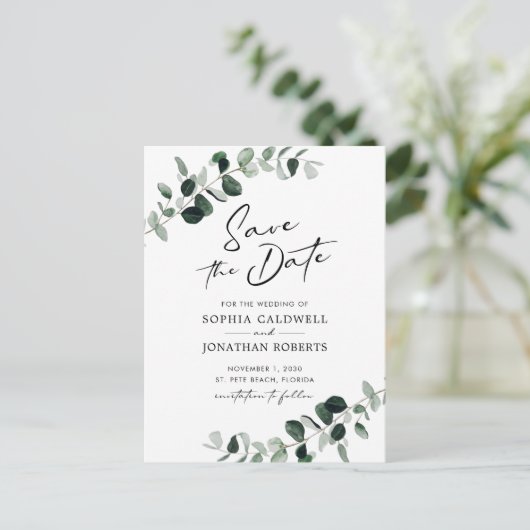 Carte Postale Faire-part Mariage vert Eucalyptus Enregistrer la date (Debout devant)
