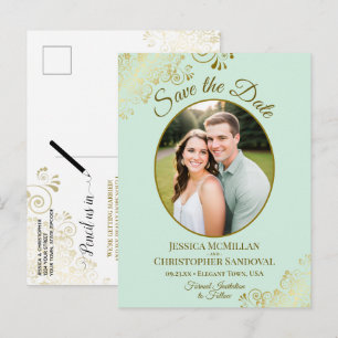 Carte Postale Faire-part Mariage Vert Menthe & Or Épargnez la Date Photo Ov