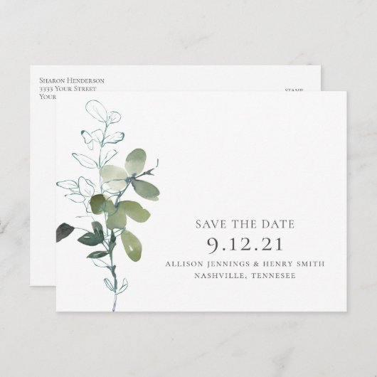 Carte Postale Faire-part Mariage vert minimal Eucalyptus Enregistrer la dat (Devant / Derrière)