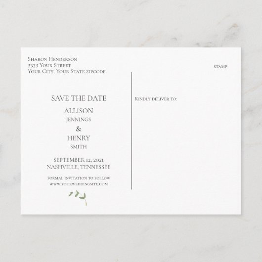 Carte Postale Faire-part Mariage vert minimal Eucalyptus Enregistrer la dat (Dos)