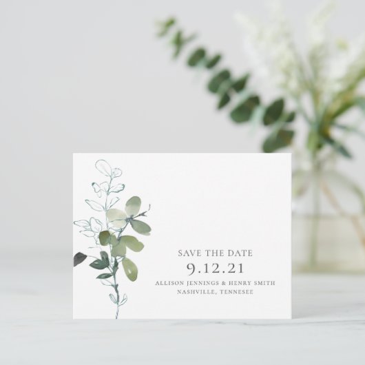 Carte Postale Faire-part Mariage vert minimal Eucalyptus Enregistrer la dat (Debout devant)