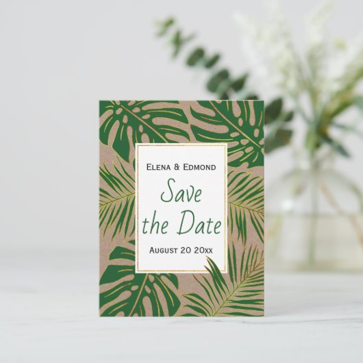 Carte Postale Faire-part Mariage vert rustique feuille tropical Enregistrer (Debout devant)