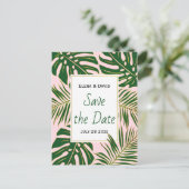 Carte Postale Faire-part Mariage vert tropical feuille rose Enregistrer la (Debout devant)