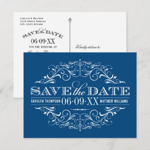 Carte Postale Faire-part Mariage vintage Bleu Flourish Enregistrer la date