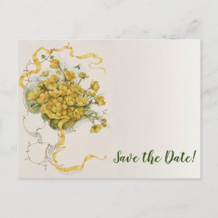 Carte Postale Faire-part Mariage Vintage, Fleurs de Bouton d'Or Jaune et Ab