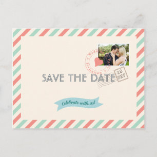 Carte Postale Faire-part Mariage vintage par avion Enregistrer la date avec
