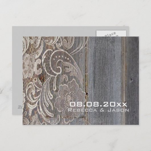 Carte Postale Faire-part mariage western campagne en bois dentelle enregist (Devant / Derrière)