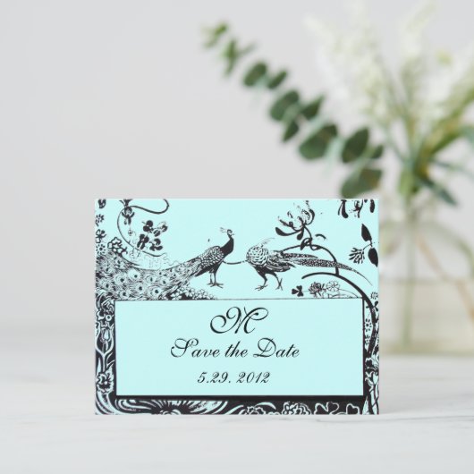 Carte Postale Faire-part MARIAGES INSÉPARABLES MONOGRAM noir et blanc bleu (Debout devant)