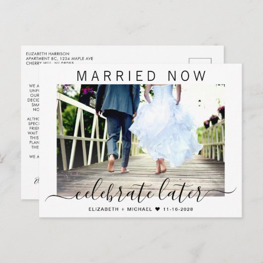 Carte Postale Faire-part Marié maintenant fêter plus tard Mariage photo (Devant / Derrière)
