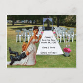 Carte Postale Faire-part Mariée traînant le marié Figurines Marron et Blond (Devant)