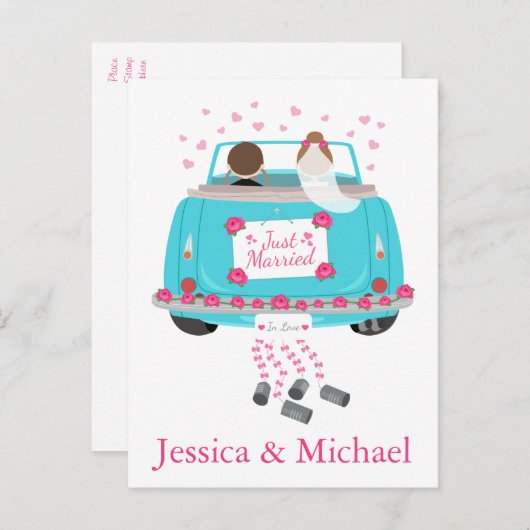 Carte Postale Faire-part Mariés à peine  Épouse Marié Bleu Rose Mariage (Devant / Derrière)