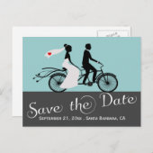 Carte Postale Faire-part Mariés à vélo en tandem mignon pour mariage (Devant / Derrière)