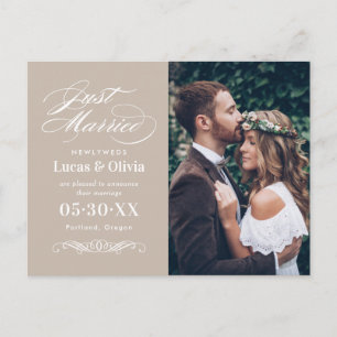 Carte Postale Faire-part Mariés Beige Élégant Photo de mariage