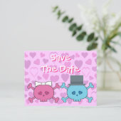 Carte Postale Faire-part Mariés Crânes Mignons Économisez La Date Mariage (Debout devant)