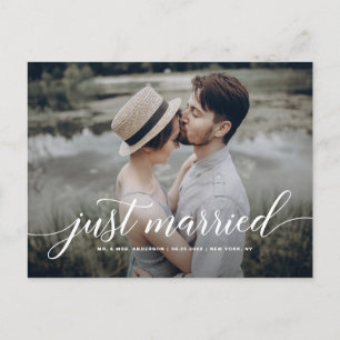 Carte Postale Faire-part Mariés Cursive Superposition de Photo Blanche