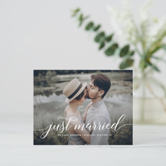 Carte Postale Faire-part Mariés Cursive Superposition de Photo Blanche (Debout devant)