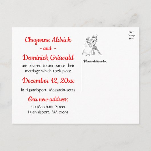 Carte Postale Faire-part Mariés depuis peu Mariée Marié Cartoon Noir Rouge (Dos)