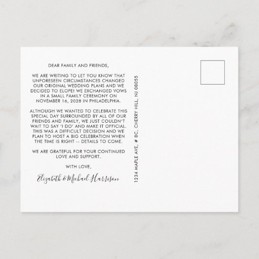 Carte Postale Faire-part Mariés Maintenant, Fête Plus Tard Enseigne au Néon (Dos)