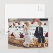 Carte Postale Faire-part Mariés mignons sur gâteau blanc (Devant / Derrière)