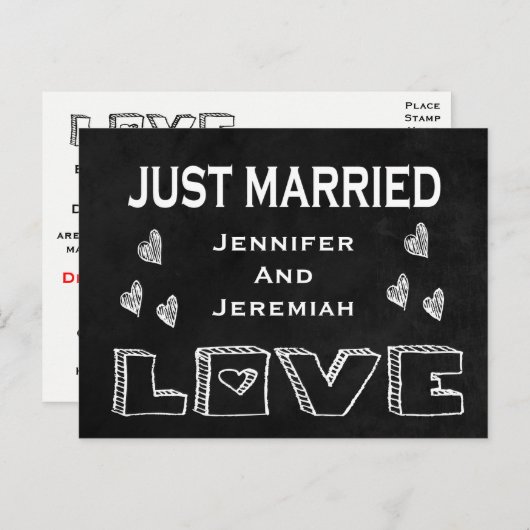 Carte Postale Faire-part Mariés Noir & Tableau D'école Amour Mariage (Devant / Derrière)