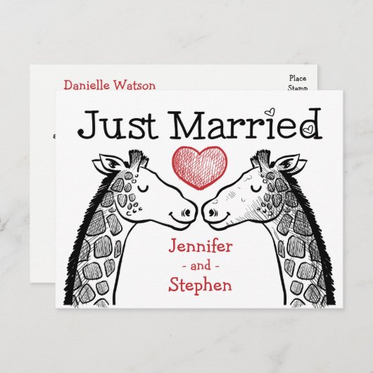 Carte Postale Faire-part Mariés Rouge & Noir Girafe Amour Mariage (Devant / Derrière)