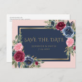 Carte Postale Faire-part Marine Bleu Bourgogne Blush Rose Floral Enregistre