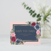 Carte Postale Faire-part Marine Bleu Bourgogne Blush Rose Floral Enregistre