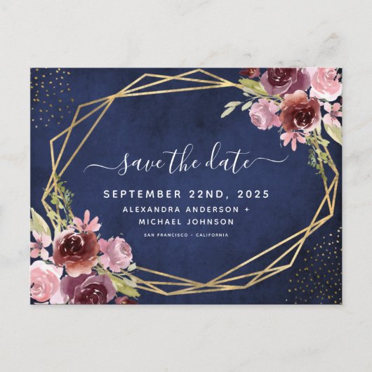 Carte Postale Faire-part Marine Bleu Bourgogne Géométrique Floral Enregistr (Devant)