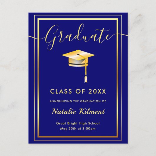 Carte Postale Faire-part Marine Bleu et or Moderne Casquette diplômé (Devant)