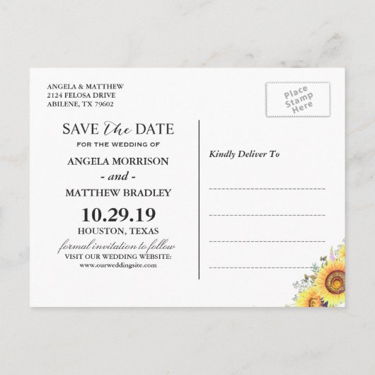 Carte Postale Faire-part Marine Bleu Jaune Sunflower Mariage Enregistrer la (Dos)