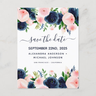 Carte Postale Faire-part Marine Bleu rose floral Enregistrer la date