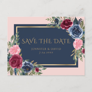 Carte Postale Faire-part Marine Bleue Bourgogne Blush Pink Floral Sauvez La